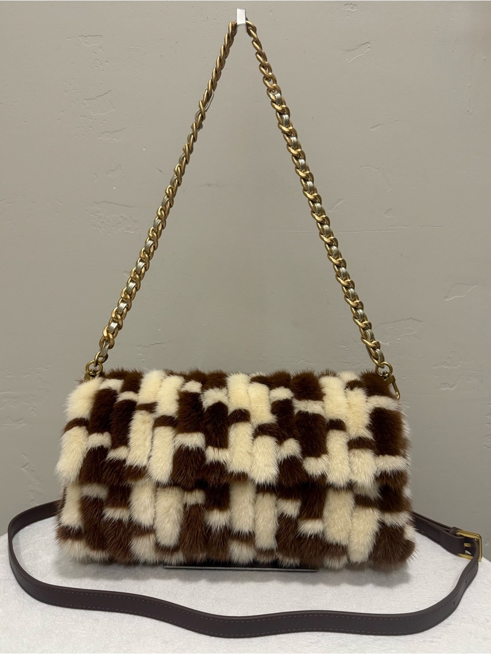 Colorblock Real Mink Fur Handmade Houndstooth Pattern Baguette Bag, Multi-Use